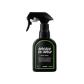 Avocado Co-Wash. A black spray bottle of Lush Avocado Co-Wash Body Spray. The product label is black with a lime green banded border. White text states the product name and the scent description.